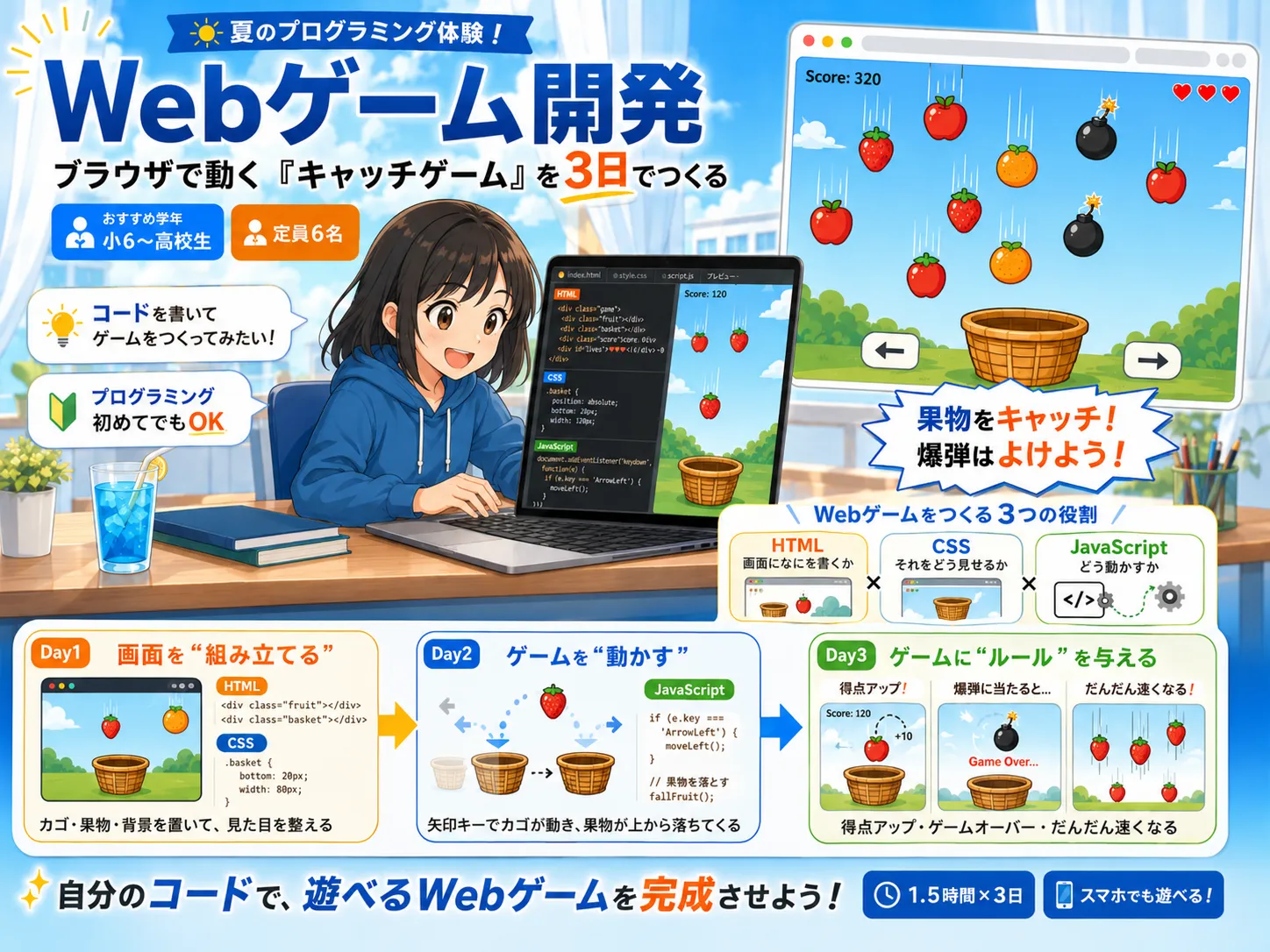 ブラウザで動くキャッチゲームをつくるWebゲーム制作コースのイメージ