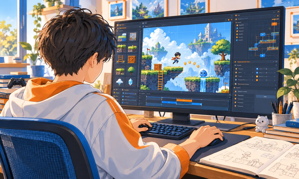 自分のゲームを制作する中高生のイメージイラスト