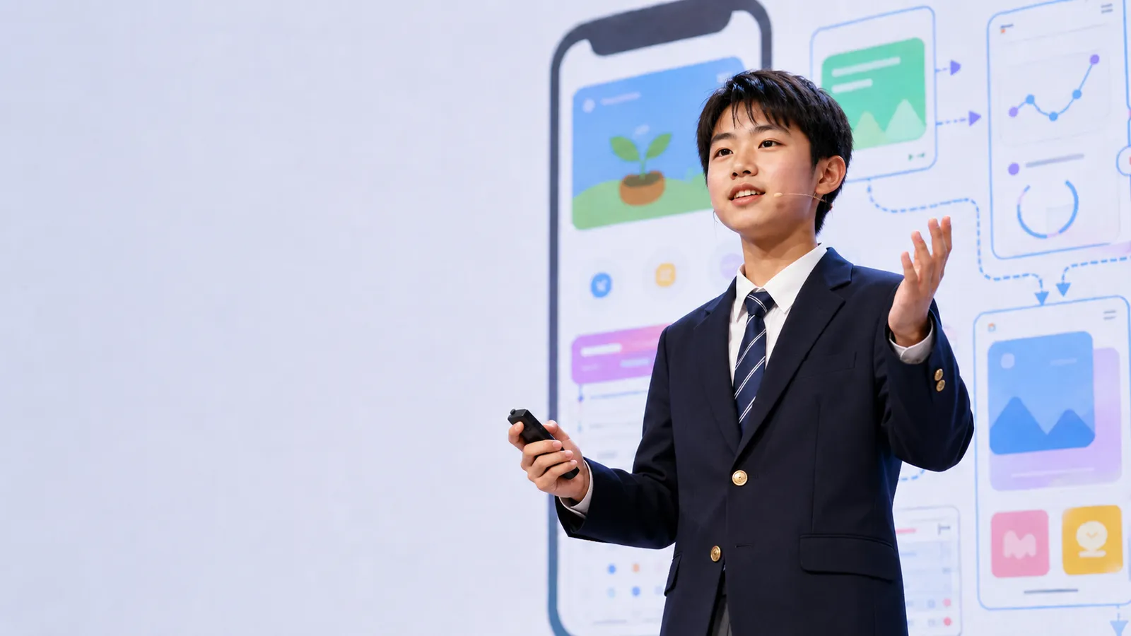 ステージの上で、自分のつくったアプリをプレゼンテーションする生徒