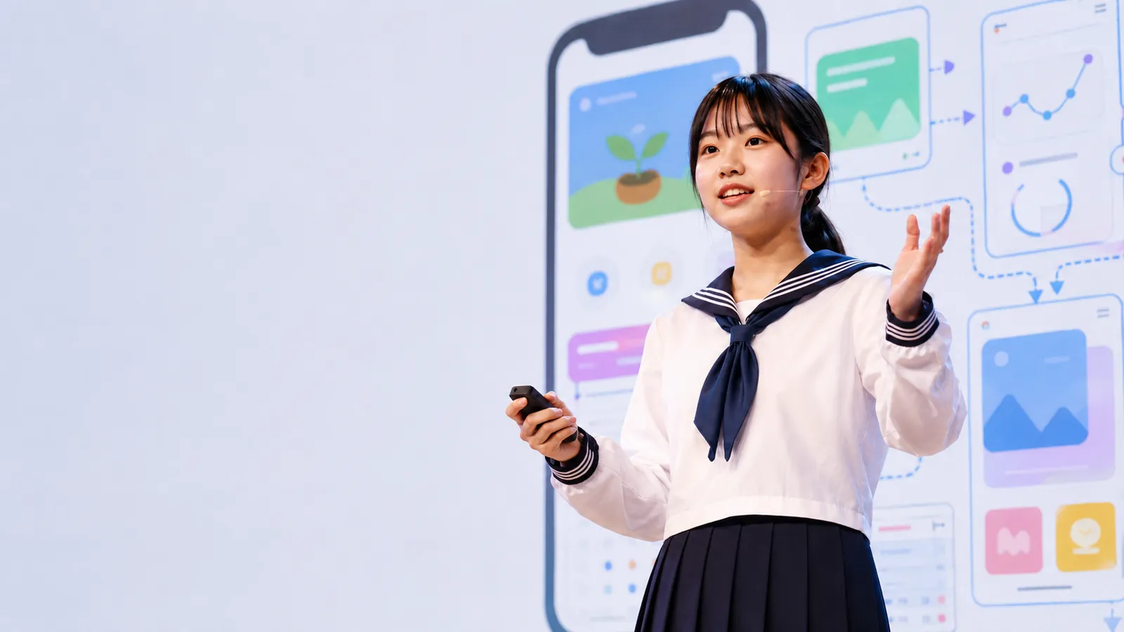 ステージの上で、自分のつくったアプリをプレゼンテーションする生徒