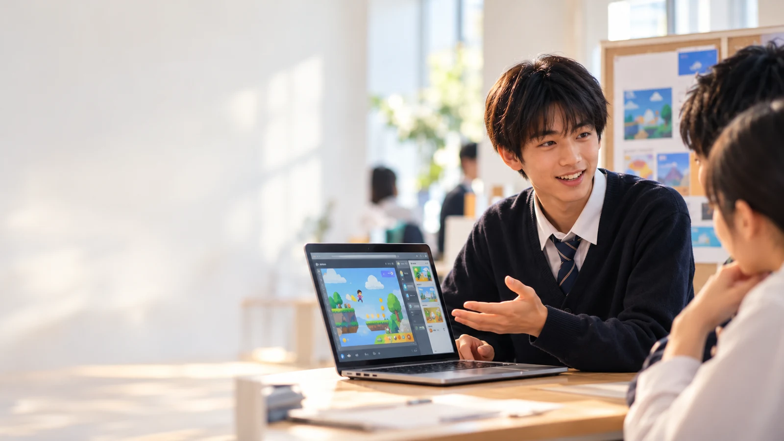 自作ゲームを人に見せ、自信を持って説明する中高生のイメージ