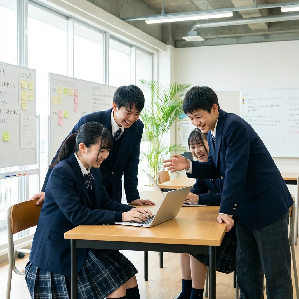 ノートパソコンの画面をのぞき込みながら、制作中の作品について話し合う高校生たち